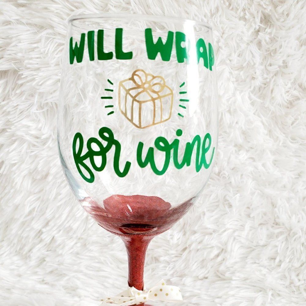 Will Wrap For Wine Red Glittered Stemmed Wine Glass, Funny Holiday Glass